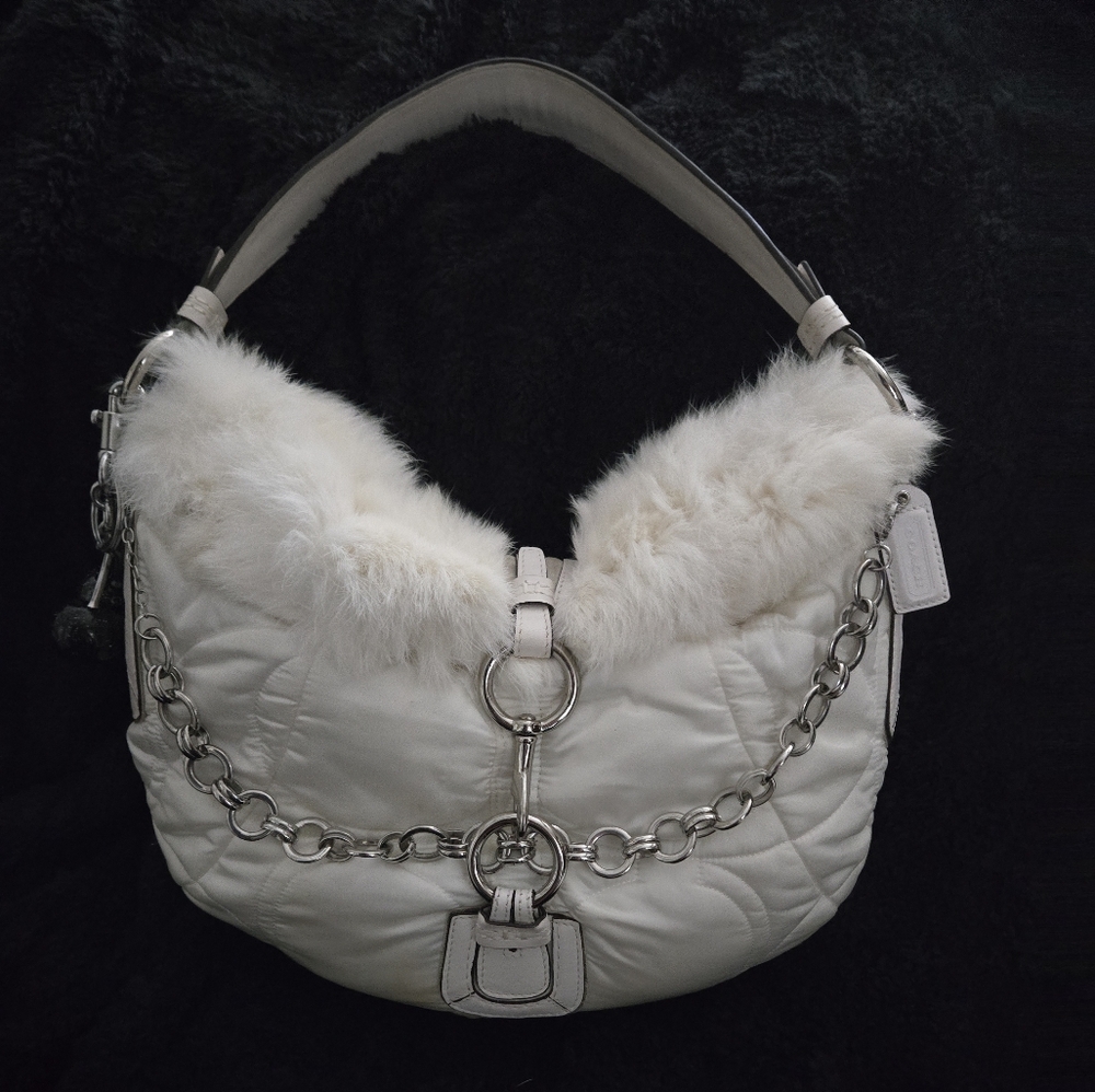 Coach White Ski Soho Hobo Shoulder Rabbit Fur-Trimme Bag